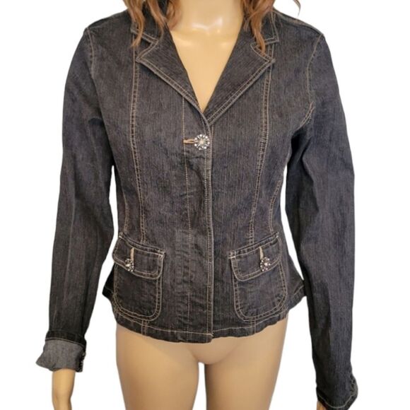 French Cuff Y2K Vintage Denim Jean Fitted Jacket Women's Medium - Picture 1 of 16